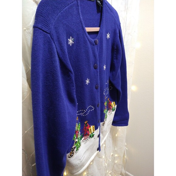 Crystal Kobe Womans Large Blue 3D Knit Sweater Cardigan Christmas Cactus Western - Picture 2 of 11